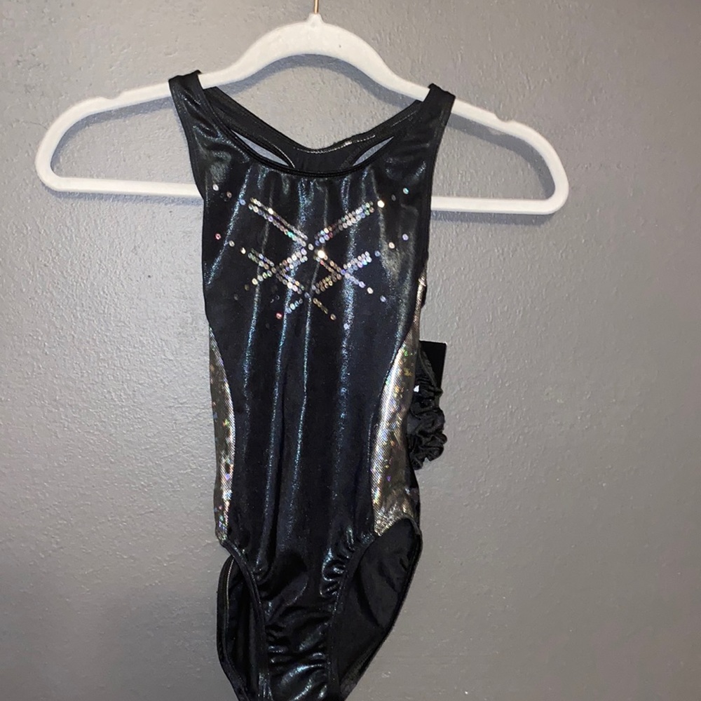 Gk black and silver sparkly leotard size child L with black scrunchie hair tie